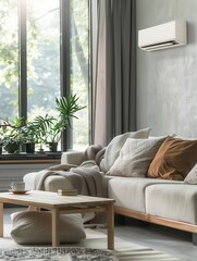 Aufkleber - A stylish living room with a cozy sofa, fluffy blankets, and plenty of plants, illuminated by natural light streaming through the large windows. Generative AI