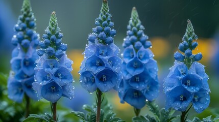 Poster - Delphinium Flowers Glistening With Raindrops in a Lush Garden Setting During Early Morning