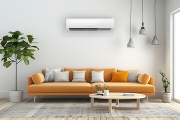 Poster - A modern living room showcases a cozy orange sofa, decorative cushions, and a wall-mounted air conditioner, complemented by plants and stylish pendant lighting. Generative AI