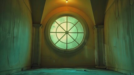 Canvas Print -   A circular window with peeling paint on the walls and floor