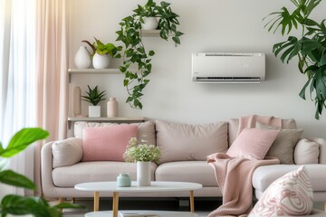 Fototapete - This modern living room showcases a cozy sofa adorned with pillows, an air conditioner on the wall, and vibrant plants enhancing the atmosphere. Generative AI
