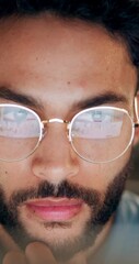 Leinwandbilder - Office, face and businessman at night with glasses for website, internet and research project. Corporate worker, professional and closeup of person reading emails, planning and thinking of ideas
