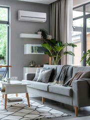 Poster - A stylish living room showcases a sleek air conditioner, cozy furnishings, and vibrant plants, creating a welcoming and comfortable atmosphere. Generative AI