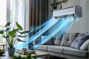 Poster - A sleek living room features a mounted air conditioner, gray couches, and indoor plants, providing a refreshing atmosphere and a comfortable retreat. Generative AI
