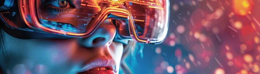 Poster - close-up of futuristic goggles reflecting neon lights, showcasing technology and innovation in a dyn