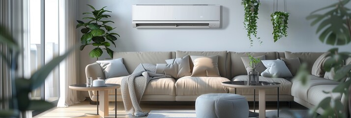 Aufkleber - A sleek, modern living room features a stylish couch, an air conditioning unit on the wall, and lush houseplants creating a refreshing ambiance. Generative AI