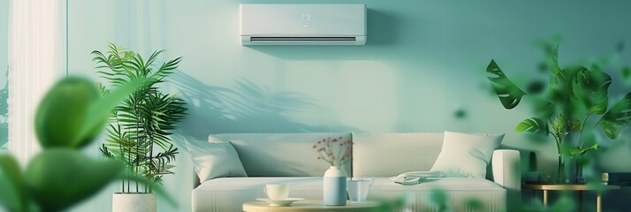 Fototapete - A stylish modern living room showcases an air conditioner on the wall, surrounded by vibrant indoor plants and cozy seating, creating a refreshing ambiance. Generative AI