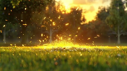 Wall Mural -   A grassy field ablaze with fireflies emerging from its core, surrounded by tall trees