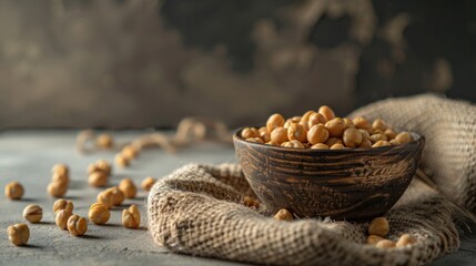 Bowl of chickpeas on a rustic surface with burlap