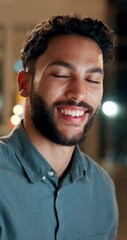 Leinwandbilder - Business, man and face with smile in office for research deadline and working overtime with report planning. Copywriting, happy employee and portrait with online proposal and story article at night