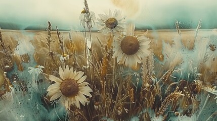 Poster -   A field of sunflower water droplets grass