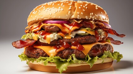 Poster - Close view of a bacon cheeseburger, front view from above, studio lighting, isolated white background.