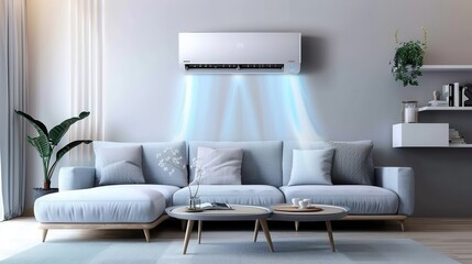 Fototapete - A chic living room features light-colored furniture, an air conditioner on the wall, and decorative plants enhancing comfort and style. Generative AI