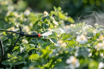 Wall Mural - Gardener Using Spray Hose to Water Flowering Plants in a Sunny Garden During Spring Season