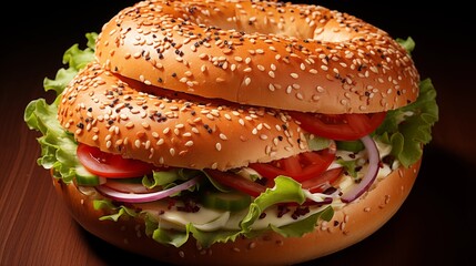 Poster - Close view of a bagel, front view from above, studio lighting, isolated white background.