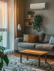 Aufkleber - A modern living room with a comfortable sofa, a mounted air conditioner, and warm natural light illuminating the space. Generative AI