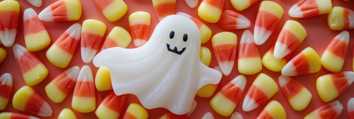 Sticker - Ghost shaped Happy Halloween Greeting Card on Candy Corn