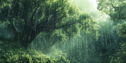 Wall Mural - A dense forest of green trees, with sunlight filtering through the leaves and data raindrops falling gently onto them