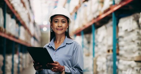 Canvas Print - Warehouse, supply chain and woman with tablet, face and inventory with internet, digital app and safety. Trade, person and employee with tech, service and quality assurance with logistics and stock