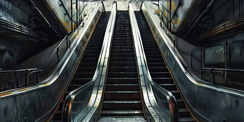 Two escalators in a dark, industrial space.