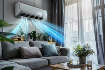 Poster - A chic living room featuring an air conditioner, comfortable seating, and bright, natural light streaming through large windows. Generative AI