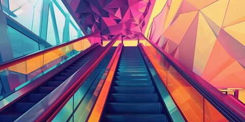 Two escalators with colorful geometric walls.