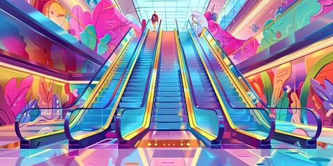 Wall Mural - Three escalators in colorful, whimsical setting.