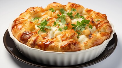 Wall Mural - Close view of chicken pot pie, front view from above, studio lighting, isolated white background.