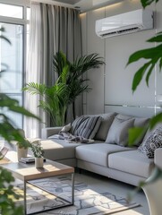 Poster - A modern living room showcases a sleek air conditioner, cozy sofa, decorative cushions, and vibrant plants enhancing the inviting atmosphere. Generative AI