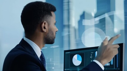 Wall Mural - A man in a suit is looking at a computer monitor with a pie chart on it. The pie chart is showing a decline in sales for a company. The man is concerned about the situation