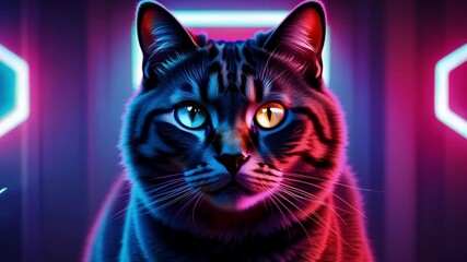 Wall Mural - A cat with blue eyes is staring at the camera in a neon room. The cat's eyes are the main focus of the image, and the neon lighting creates a striking contrast between the cat and its surroundings