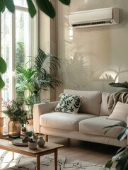 Poster - A modern living room boasts a cozy sofa, decorative plants, and a wall-mounted air conditioner, creating a serene and inviting atmosphere. Generative AI