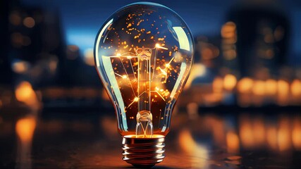 Poster - Light bulb with gears inside on blurred city background
