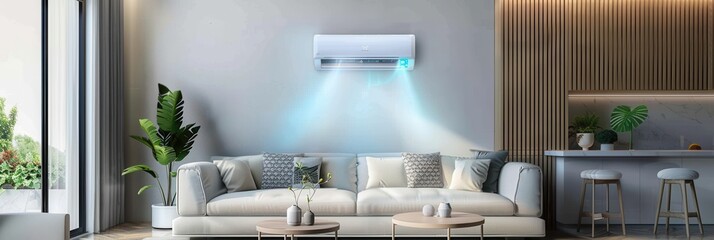 Wall Mural - Stylish living room features a mounted air conditioner, cozy sofa, decorative plants, and elegant lighting, creating a welcoming atmosphere for relaxation. Generative AI