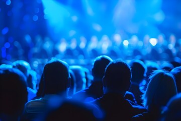Poster - Photo of an audience at a conference event listening to presenters on stage with a blue backdrop, blur background, close up shot. 