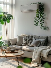 Aufkleber - A modern living room features a cozy couch and an air conditioner, adorned with plants and decorative elements, creating a welcoming atmosphere. Generative AI