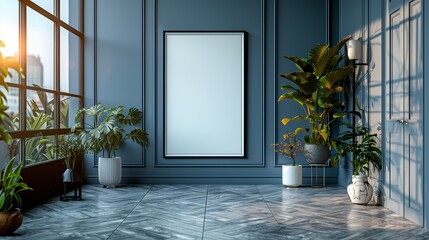 Wall Mural - Modern Indoor Space With Large Windows and Decorative Plants at Sunset