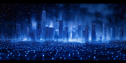 Wall Mural - A digital concept of a smart city skyline over a network grid with floating particles, depicted in blue tones against a dark background