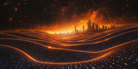 Wall Mural - A digital concept of a smart city skyline over a network grid with floating particles, depicted in blue tones against a dark background