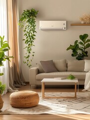 Poster - A modern living room features a sleek air conditioner and greenery, creating a comfortable and stylish atmosphere perfect for relaxation. Generative AI