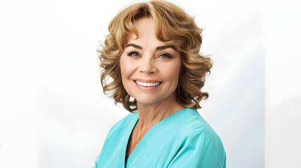 Wall Mural - Photo of a short-haired woman in doctor's scrubs smiling kindly against a white background 