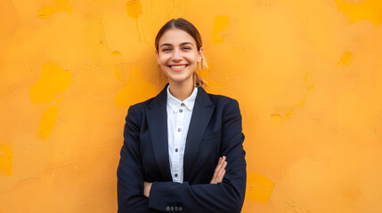 Poster - Photo of woman with blonde hair in a business suit smiling at the camera against an orange background 