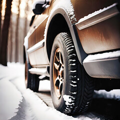 Wall Mural - winter tires, car on a snowy slippery road, reliable tires for a snowy winter, advertising photograph,