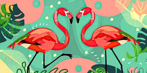 Wall Mural - Two pink flamingos with green foliage.