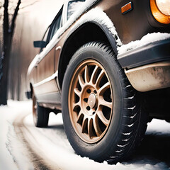 Wall Mural - winter tires, car on a snowy slippery road, reliable tires for a snowy winter, advertising photograph,