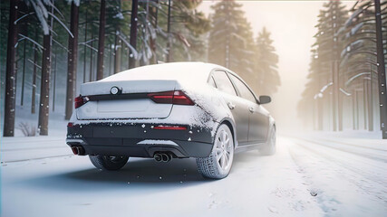 Wall Mural - winter tires, car on a snowy slippery road, reliable tires for a snowy winter, advertising photograph,