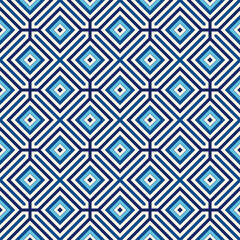 Sticker - Seamless pattern with symmetric geometric ornament. Blue abstract background. Repeated squares and rhombuses ornamental wallpaper. Vector illustration