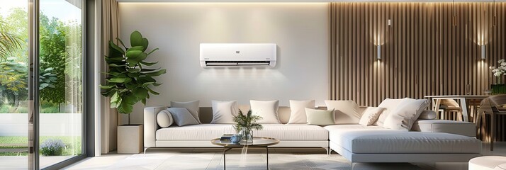Poster - A modern living room showcases a cozy sofa, elegant decor, and a wall-mounted air conditioner, all illuminated by ample natural light. Generative AI