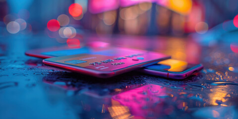 Close-up of a credit card and smartphone on a wet surface with vibrant neon lights in the background, highlighting modern technology.