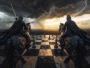 Medieval Knights on Horses at Giant Chessboard During Stormy Sunset